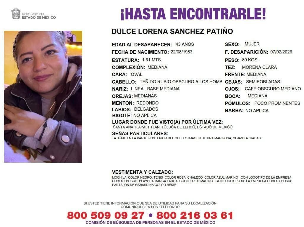 Sigue búsqueda de Dulce Lorena quien desapareció al salir de su trabajo en Toluca 
