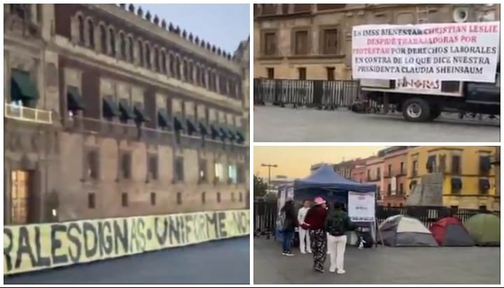Trabajadores de IMSS-Bienestar visibilizan carencias frente a Palacio Nacional 
