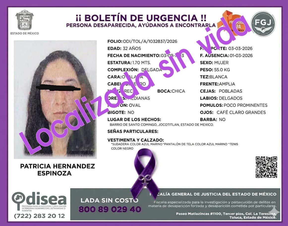 Hallan a Patricia sin vida en Jocotitlán; tenía reporte de desaparecida