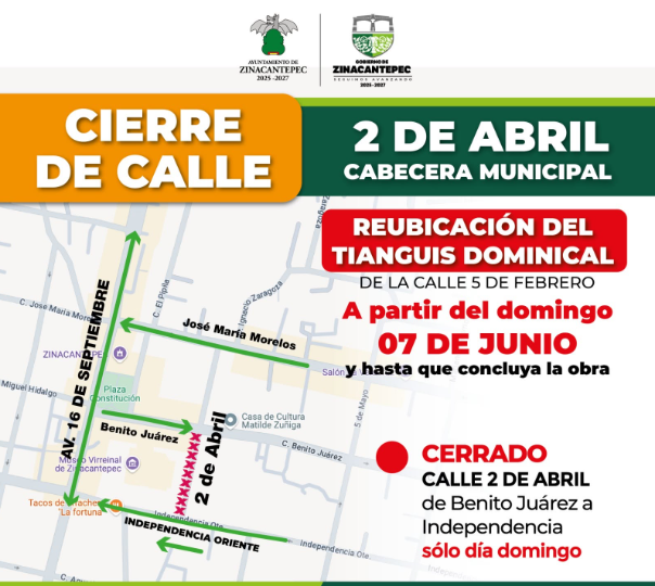 Autoridades de Zinacantepec anuncian cierre de calle 2 de Abril por obras