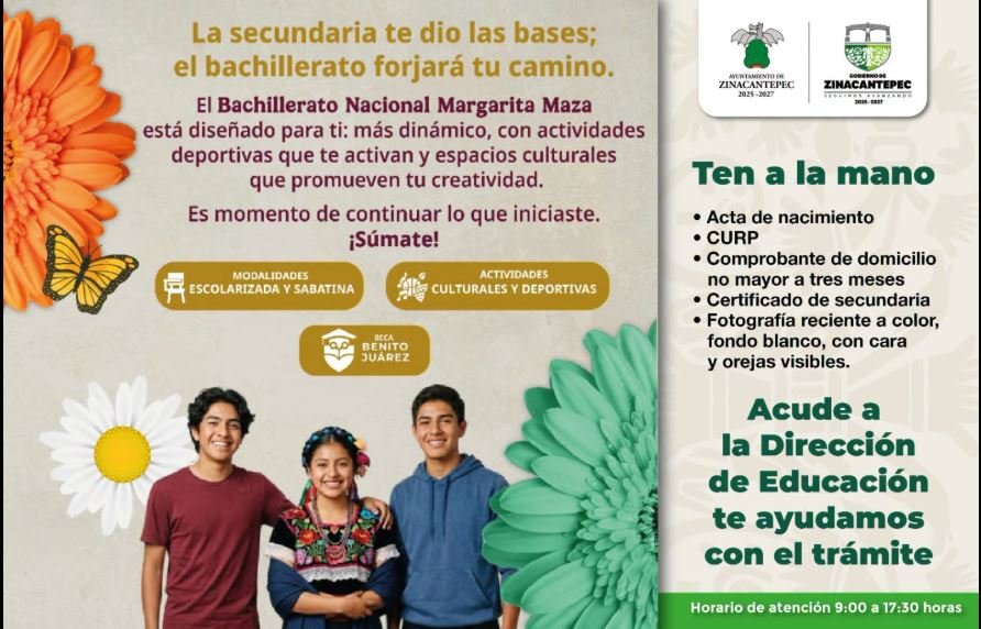 Zinacantepec convoca a egresados de secundaria a inscribirse al Bachillerato “Margarita Maza”