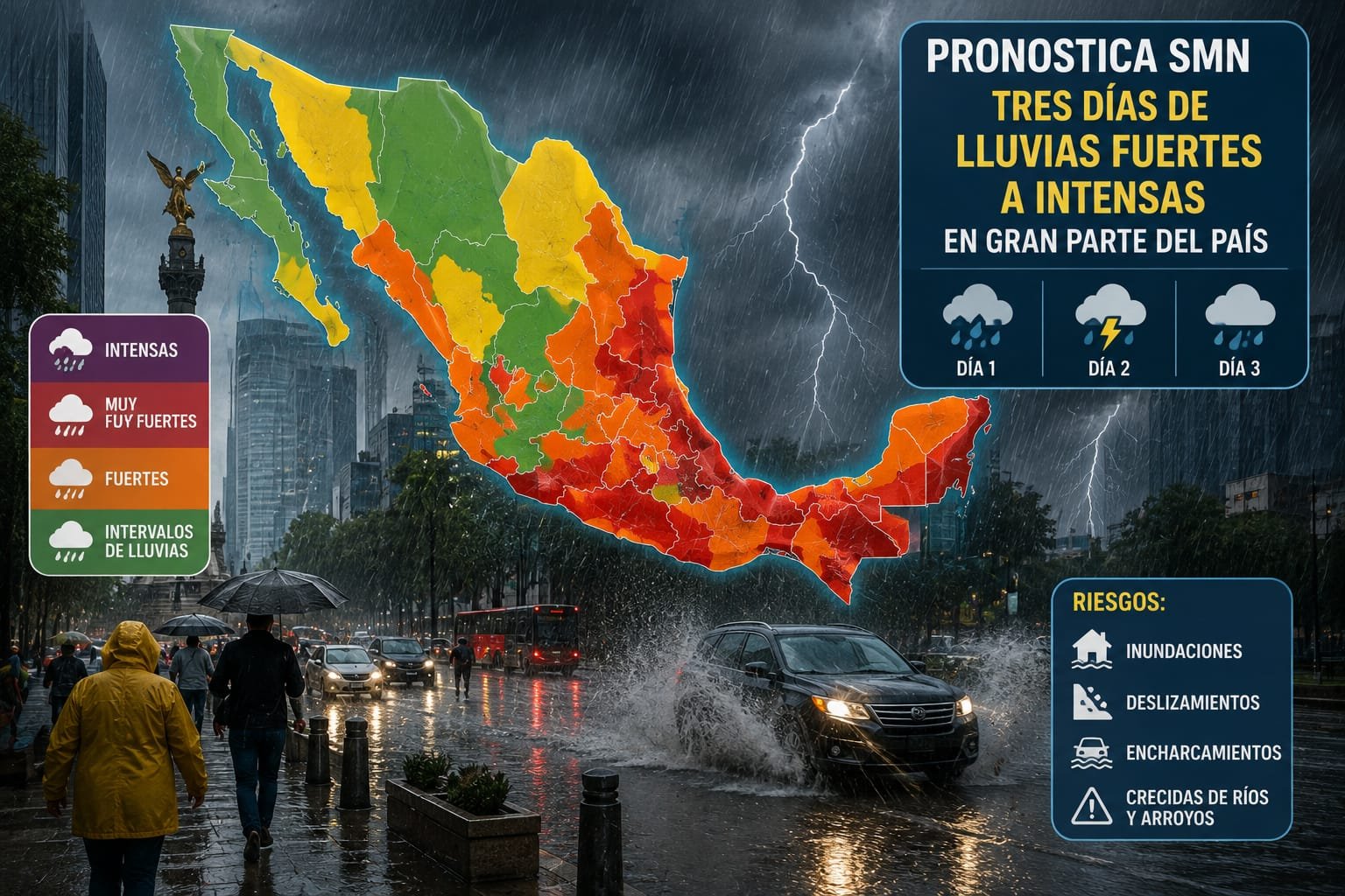 Pronostica SMN tres días de lluvias fuertes a intensas en gran parte del país