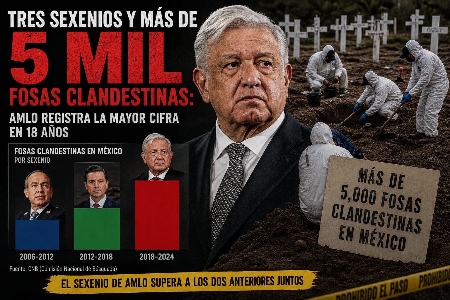 Tres sexenios y más de 5 mil fosas: AMLO registra la mayor cifra en 18 años