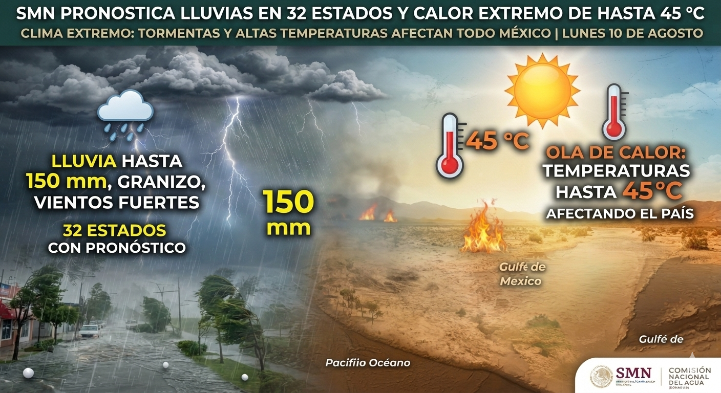 SMN pronostica lluvias en 32 estados y calor extremo de hasta 45 °C