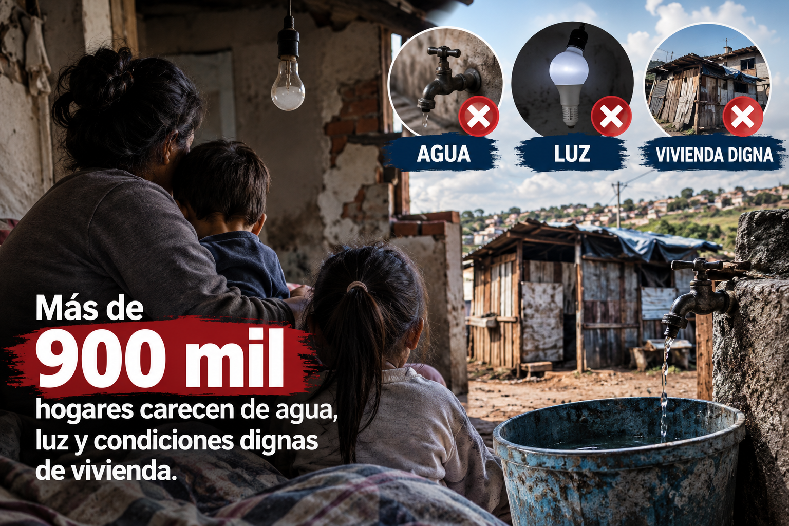Más de 900 miles de hogares carecen de agua, luz y condiciones dignas de vivienda
