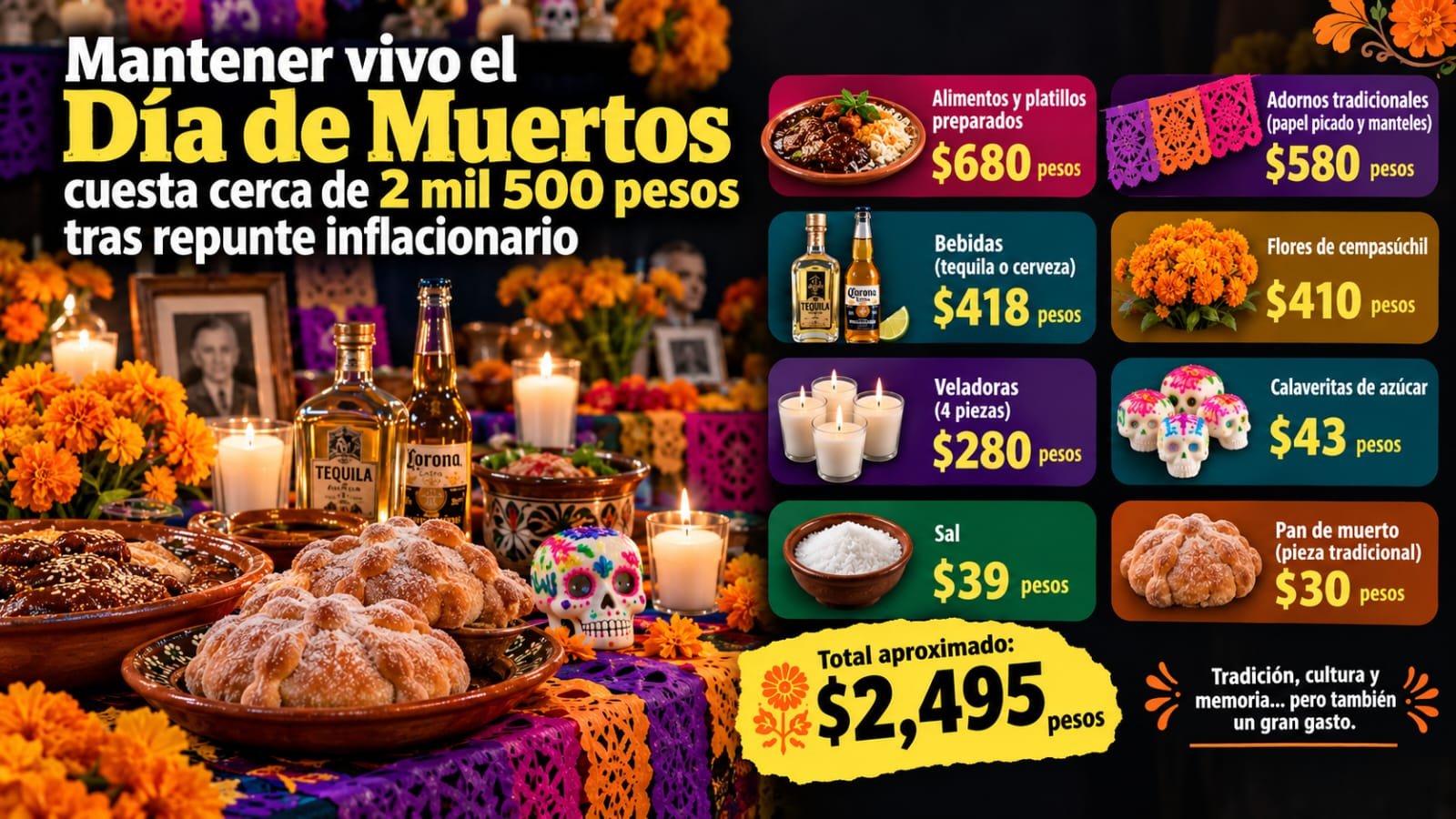 Mantener vivo el Día de Muertos cuesta cerca de 2 mil 500 pesos tras repunte inflacionario