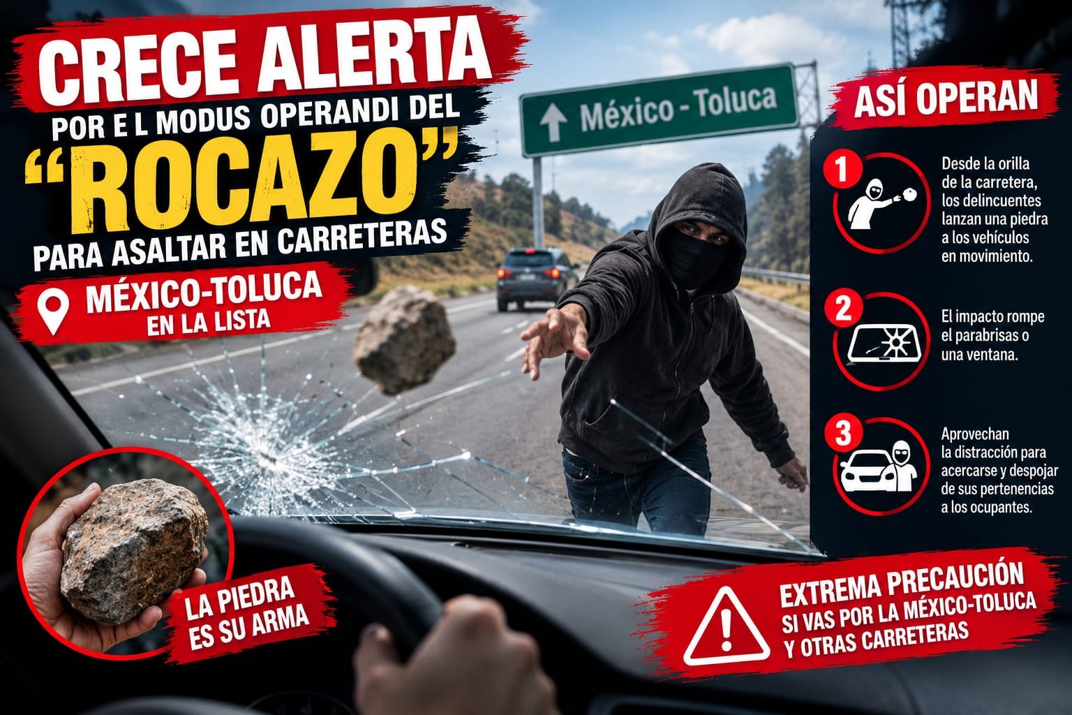 Crece alerta por el modus operandi del “rocazo” para asaltar en carreteras: México-Toluca en la lista